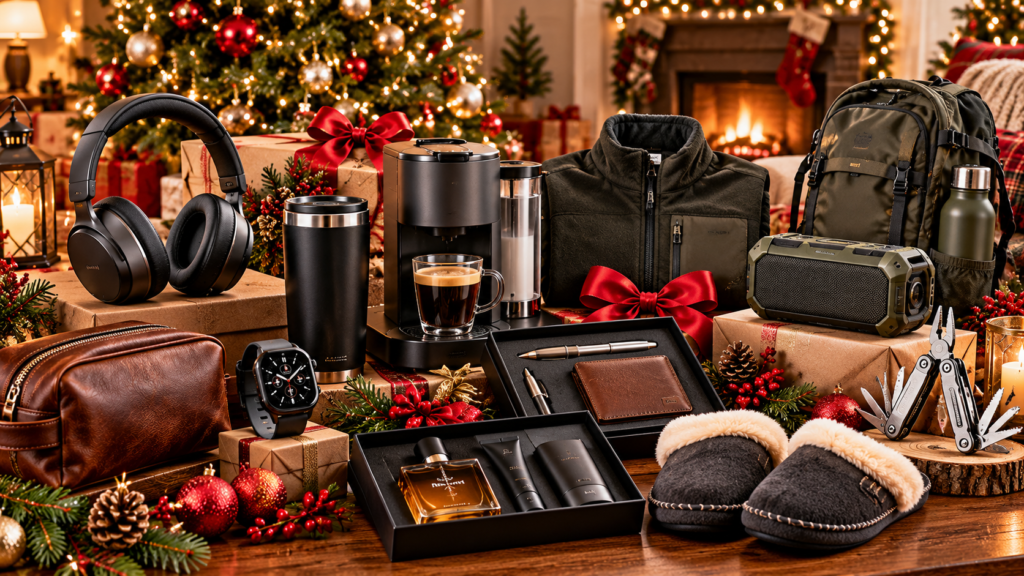 Premium Christmas gifts for a husband who has everything, including noise-cancelling headphones, a smartwatch, a leather toiletry bag, a coffee maker, a travel tumbler, a smart speaker, a multitool, a backpack, grooming products, and cozy slippers displayed in a festive living room.