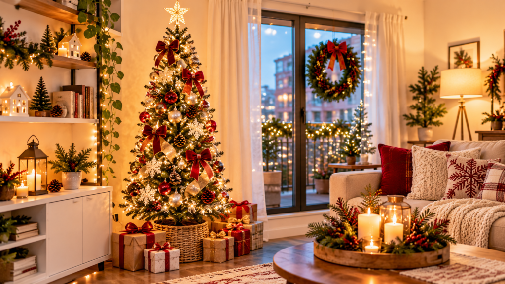 Small apartment Christmas tree decorated with red and gold ornaments, warm fairy lights, and wrapped gifts, styled beside a cream sofa with festive pillows, cozy candles, and space-saving holiday decorations.