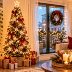 Small apartment Christmas tree decorated with red and gold ornaments, warm fairy lights, and wrapped gifts, styled beside a cream sofa with festive pillows, cozy candles, and space-saving holiday decorations.