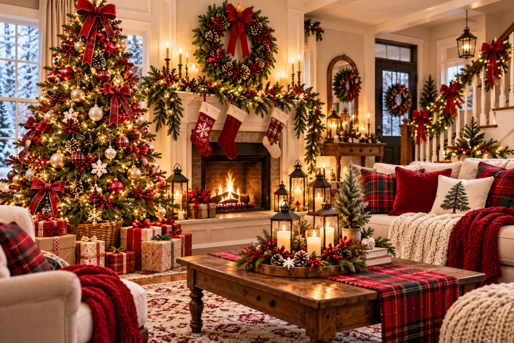 Classic Christmas living room with a decorated Christmas tree, red and gold ornaments, a garland-covered fireplace, glowing candles, plaid blankets, festive wreaths, and cozy holiday decor.