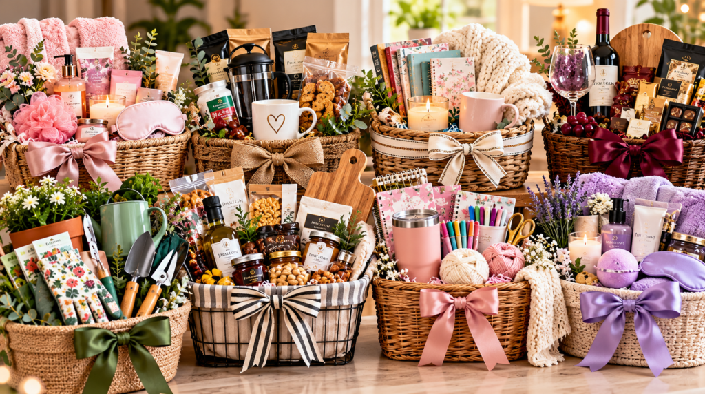 A colorful collection of raffle gift baskets for adult women, featuring luxury spa products, skincare, coffee and gourmet treats, cozy blankets, books, wine, gardening tools, craft supplies, candles, chocolates, and self-care gifts arranged in decorative baskets with elegant ribbons and flowers.