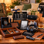 A collection of thoughtful husband birthday gift ideas arranged on a wooden table, including a personalized wooden valet tray, leather wallet, smartwatch, Kindle e-reader, wireless headphones, portable Bluetooth speaker, grooming kit, grilling tools, travel backpack, insulated tumbler, whiskey glasses, journal, and multi-tool.