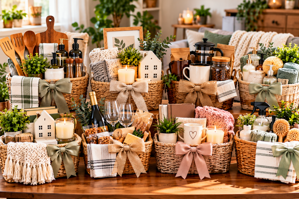 A collection of beautifully arranged housewarming gift baskets filled with kitchen utensils, coffee supplies, candles, cozy blankets, towels, skincare products, snacks, books, and home accessories on a wooden table in a warm, inviting living room.