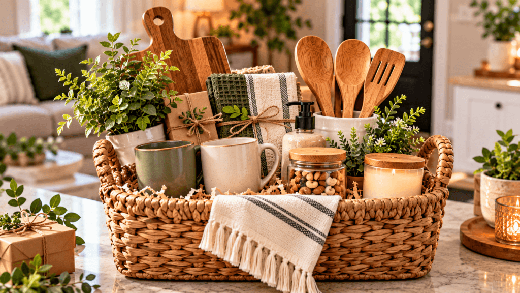 Cozy housewarming gift basket filled with wooden kitchen utensils, mugs, towels, candles, hand soap, greenery, a welcome home sign, and other thoughtful gifts in a woven basket.