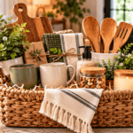 10 DIY Housewarming Gift Basket Ideas Cozy housewarming gift basket filled with wooden kitchen utensils, mugs, towels, candles, hand soap, greenery, a welcome home sign, and other thoughtful gifts in a woven basket.