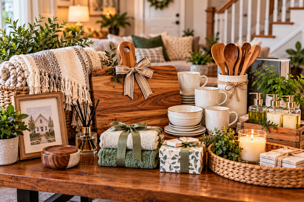 Thoughtful housewarming gifts arranged on a wooden console in a cozy modern living room, including a personalized wooden cutting board, ceramic mugs and dishes, wooden utensils, soft throw blankets, folded towels, scented candles, decorative plants, glass soap dispensers, framed art, and elegant gift boxes.