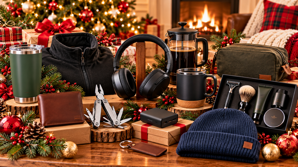 Affordable gifts for him arranged on a wooden table in a cozy Christmas setting, featuring a leather wallet, insulated tumbler, wireless headphones, coffee press, travel mug, grooming kit, multi-tool, portable charger, toiletry bag, fleece jacket, and knit beanie surrounded by festive greenery and wrapped presents.