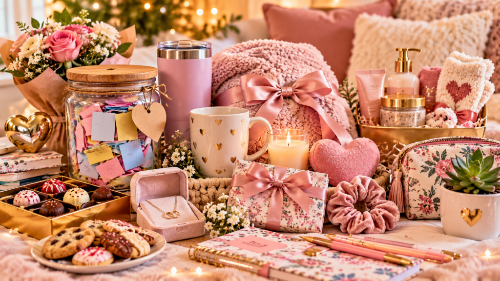 Best friend gift ideas arranged on a cozy table, featuring a friendship memory jar, flowers, cozy blanket, personalized mug, candle, jewelry, self-care gifts, chocolates, stationery, tumbler, and decorative keepsakes.