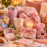 Best friend gift ideas arranged on a cozy table, featuring a friendship memory jar, flowers, cozy blanket, personalized mug, candle, jewelry, self-care gifts, chocolates, stationery, tumbler, and decorative keepsakes.