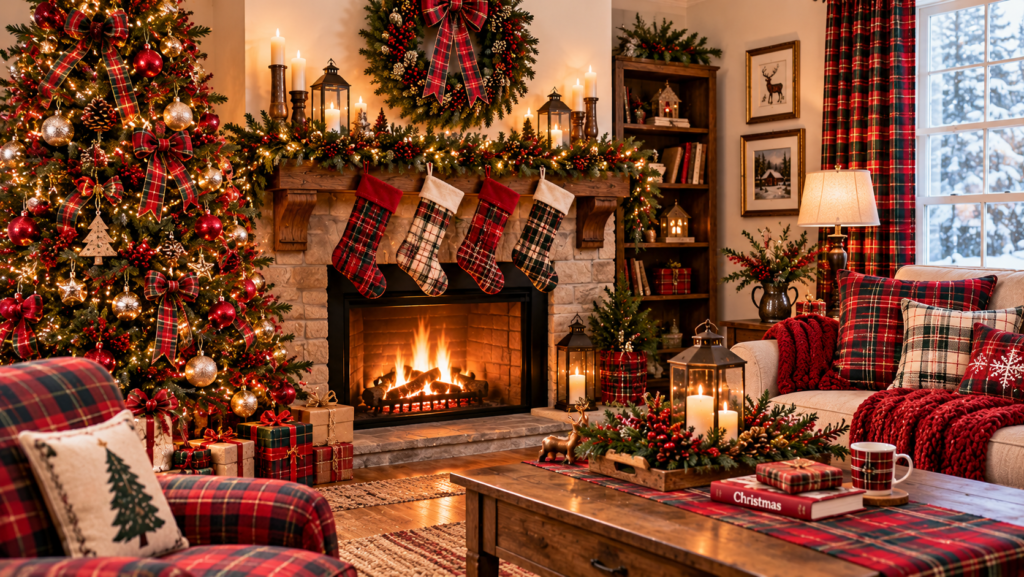 Cozy Christmas living room decorated with classic red and green plaid blankets, tartan pillows, a festive Christmas tree, evergreen mantel garland, plaid stockings, glowing candles, wrapped gifts, and a warm fireplace.