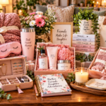 Thoughtful gifts for a best friend arranged on a wooden table, including a cozy pink blanket, sleep mask, personalized mugs, insulated tumbler, floral journal, tote bag, jewelry organizer, skincare products, candles, books, flowers, and decorative keepsakes in a warm, blush-pink setting.