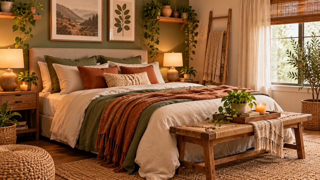 Cozy earthy bedroom with cream linen bedding, olive green and terracotta accents, warm wood furniture, woven jute rugs, indoor plants, natural curtains, and soft ambient lighting.