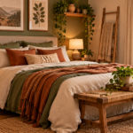 Cozy earthy bedroom with cream linen bedding, olive green and terracotta accents, warm wood furniture, woven jute rugs, indoor plants, natural curtains, and soft ambient lighting.