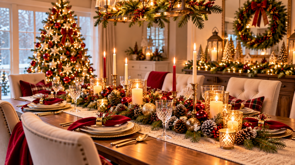 Festive Christmas dining room with an elegant wooden table, evergreen garland, glowing candles, red and gold ornaments, crystal glassware, cream chairs, and a decorated Christmas tree for a cozy 2026 holiday celebration.