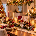 12 Christmas Dining Room Decor Ideas for a Festive 2026 Holiday Home Festive Christmas dining room with an elegant wooden table, evergreen garland, glowing candles, red and gold ornaments, crystal glassware, cream chairs, and a decorated Christmas tree for a cozy 2026 holiday celebration.