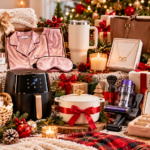 12 Christmas Gift Ideas for Women That Are Actually Useful Christmas gift ideas for women featuring skincare tools, satin sleepwear, self-care products, cozy blankets, a stylish handbag, jewelry, a smartwatch, kitchen appliances, cleaning gadgets, and festive gift decorations.
