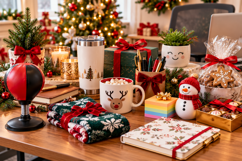 Christmas gifts for coworkers arranged on a festive office desk, including a desktop punching bag, travel tumbler, notebook, pens, cozy blanket, holiday mug, small plant, chocolates, cookies, and wrapped gifts.