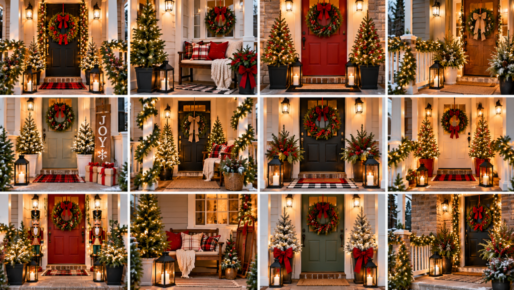 Small front porch Christmas decor ideas featuring evergreen garlands, festive wreaths, miniature Christmas trees, warm string lights, lanterns, red bows, cozy seating, and seasonal doormats.