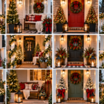 Small front porch Christmas decor ideas featuring evergreen garlands, festive wreaths, miniature Christmas trees, warm string lights, lanterns, red bows, cozy seating, and seasonal doormats.