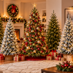 10 Best Green Christmas Trees to Shop for 2026 Green Christmas trees in various styles and sizes displayed in a cozy festive living room, featuring realistic evergreen branches, warm white lights, red and gold ornaments, flocked trees, wrapped Christmas presents, a decorated fireplace, garlands, and holiday decorations.