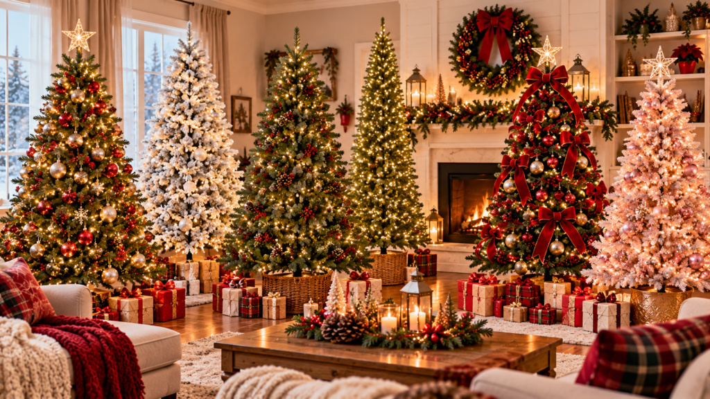 Beautiful living room decorated with multiple artificial Christmas trees, including pre-lit evergreen, flocked white, slim pencil, and traditional full trees, surrounded by wrapped presents, glowing candles, festive garlands, a cozy fireplace, and holiday decorations.