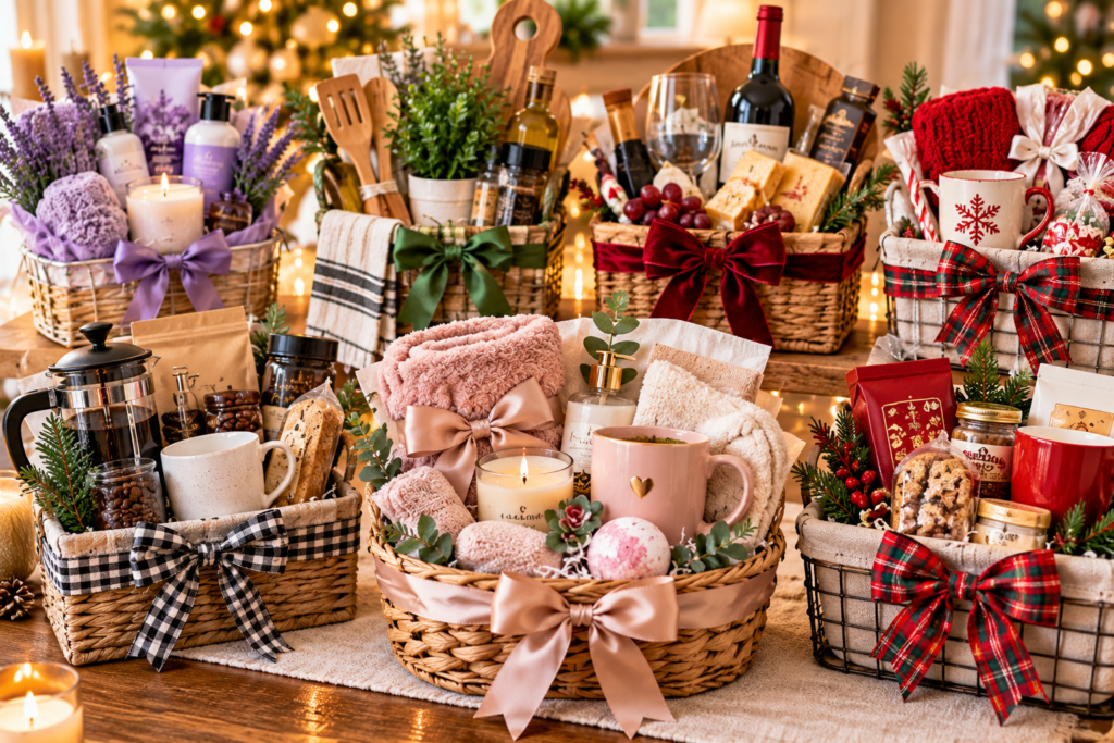Gift baskets under $50 arranged on a festive table, featuring cozy blankets, candles, mugs, self-care products, coffee and tea items, gourmet treats, kitchen accessories, and seasonal decorations.