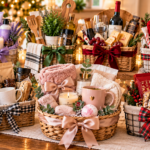 10 Gift Basket Ideas Under $50 That Feel Thoughtful & Special Gift baskets under $50 arranged on a festive table, featuring cozy blankets, candles, mugs, self-care products, coffee and tea items, gourmet treats, kitchen accessories, and seasonal decorations.