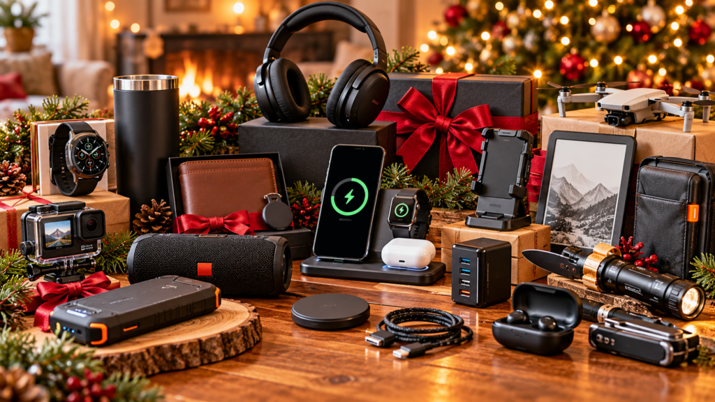 Practical tech gifts for men arranged on a wooden table in a cozy holiday setting, including a smartwatch, wireless headphones, Bluetooth speaker, action camera, drone, e-reader, smartphone charging stand, power bank, wireless earbuds, USB hub, flashlight, and tech accessories with festive red ribbons and Christmas greenery.