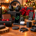 Practical tech gifts for men arranged on a wooden table in a cozy holiday setting, including a smartwatch, wireless headphones, Bluetooth speaker, action camera, drone, e-reader, smartphone charging stand, power bank, wireless earbuds, USB hub, flashlight, and tech accessories with festive red ribbons and Christmas greenery.