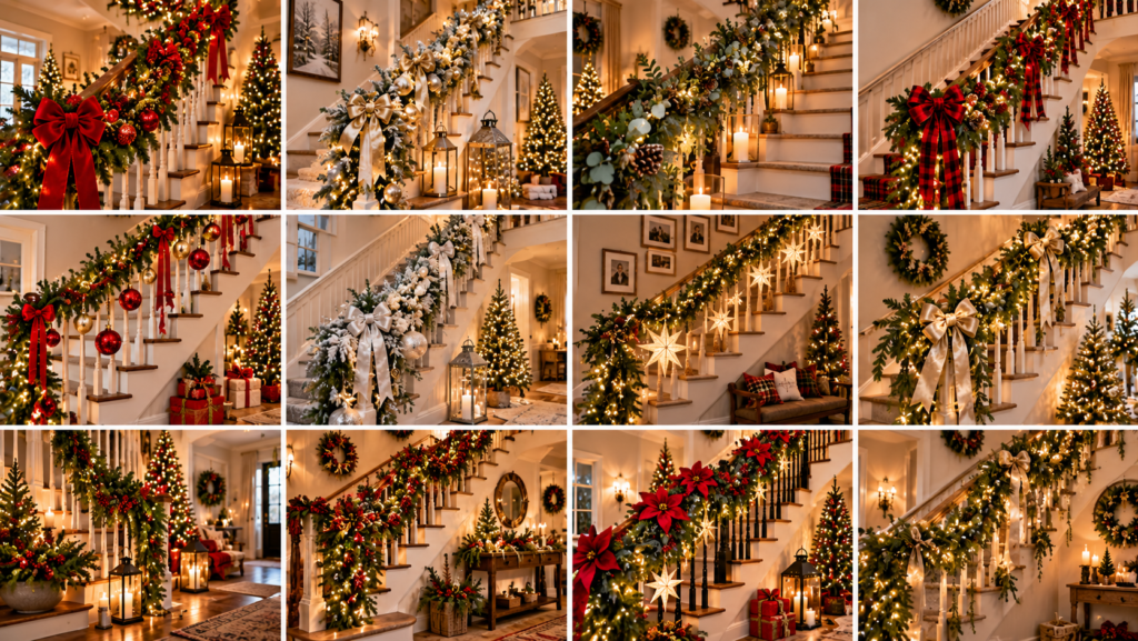 Christmas staircase ideas featuring lush evergreen banister garlands, red and gold bows, sparkling fairy lights, hanging ornaments, glowing lanterns, wreaths, and festive holiday decorations in cozy homes.