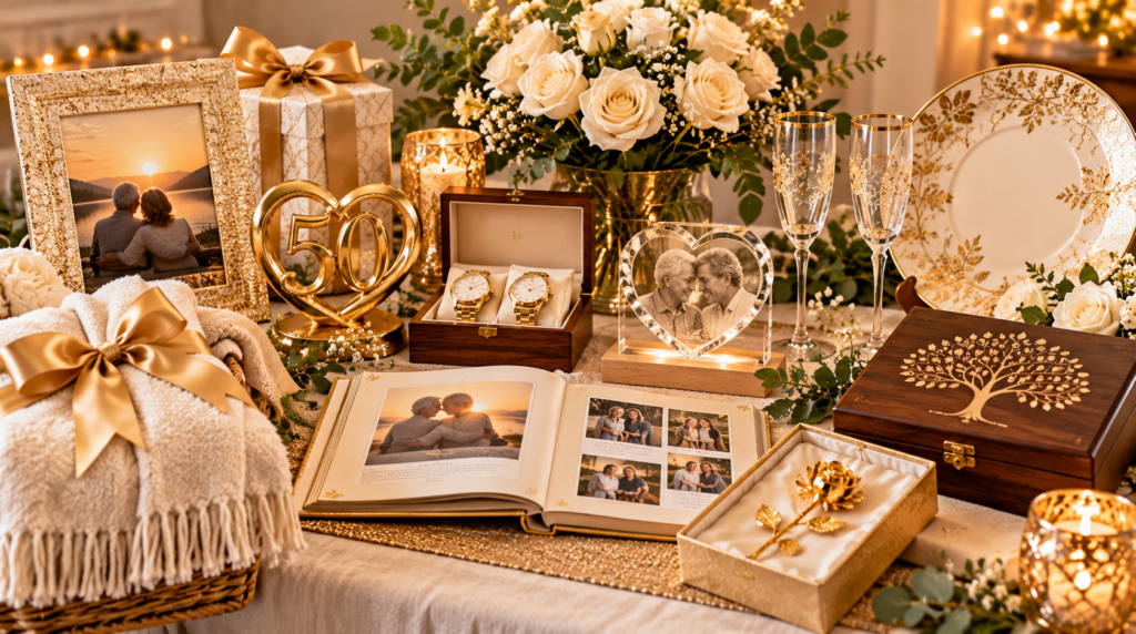 Meaningful 50th wedding anniversary gifts arranged in an elegant gold-themed display, featuring a framed couple’s photo, personalized golden anniversary keepsake, matching gold watches, a family photo album, engraved wooden memory box, crystal heart photo ornament, decorative gold rose, champagne flutes, a cozy cream throw, wrapped presents, white roses, candles, and greenery.