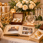 10 Meaningful 50th Wedding Anniversary Gift Ideas Meaningful 50th wedding anniversary gifts arranged in an elegant gold-themed display, featuring a framed couple’s photo, personalized golden anniversary keepsake, matching gold watches, a family photo album, engraved wooden memory box, crystal heart photo ornament, decorative gold rose, champagne flutes, a cozy cream throw, wrapped presents, white roses, candles, and greenery.