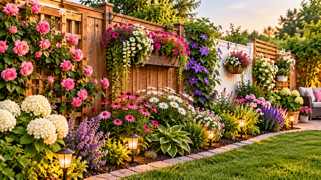 Colorful backyard garden border along a wooden fence with climbing roses, hanging flower baskets, trellises, hydrangeas, daisies, lavender, lush greenery, and garden path lights.
