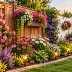 9 Garden Fence Flower Ideas to Create a Beautiful Backyard Border Colorful backyard garden border along a wooden fence with climbing roses, hanging flower baskets, trellises, hydrangeas, daisies, lavender, lush greenery, and garden path lights.