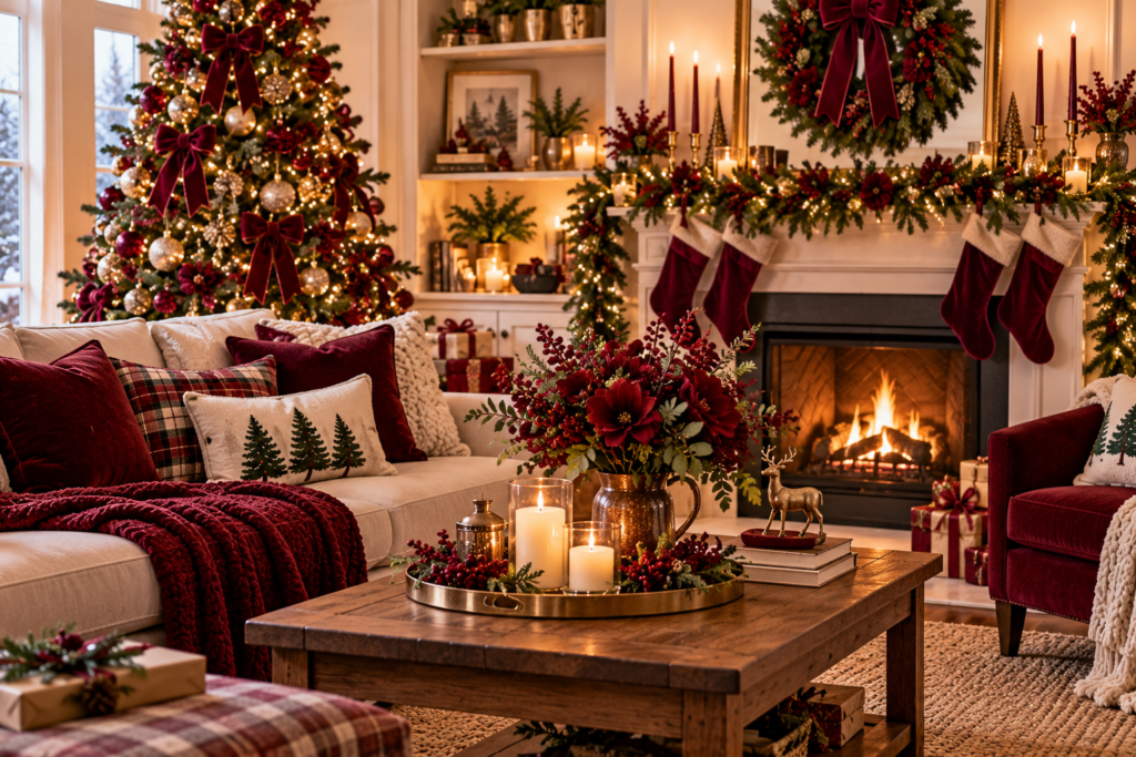 Luxurious Christmas living room decorated with burgundy velvet bows, deep red ornaments, a festive Christmas tree, evergreen garlands, burgundy stockings, gold accents, candles, wrapped gifts, and a cozy fireplace surrounded by elegant seasonal decor.