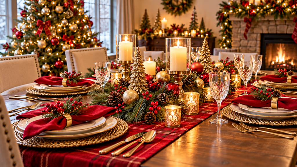 Traditional red and gold Christmas table setting with elegant dinnerware, evergreen garland, pinecones, glowing candles, festive ornaments, and crystal glassware for a beautiful 2026 holiday dinner.