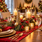 12 Christmas Table Setting Ideas for a Beautiful 2026 Holiday Table Traditional red and gold Christmas table setting with elegant dinnerware, evergreen garland, pinecones, glowing candles, festive ornaments, and crystal glassware for a beautiful 2026 holiday dinner.