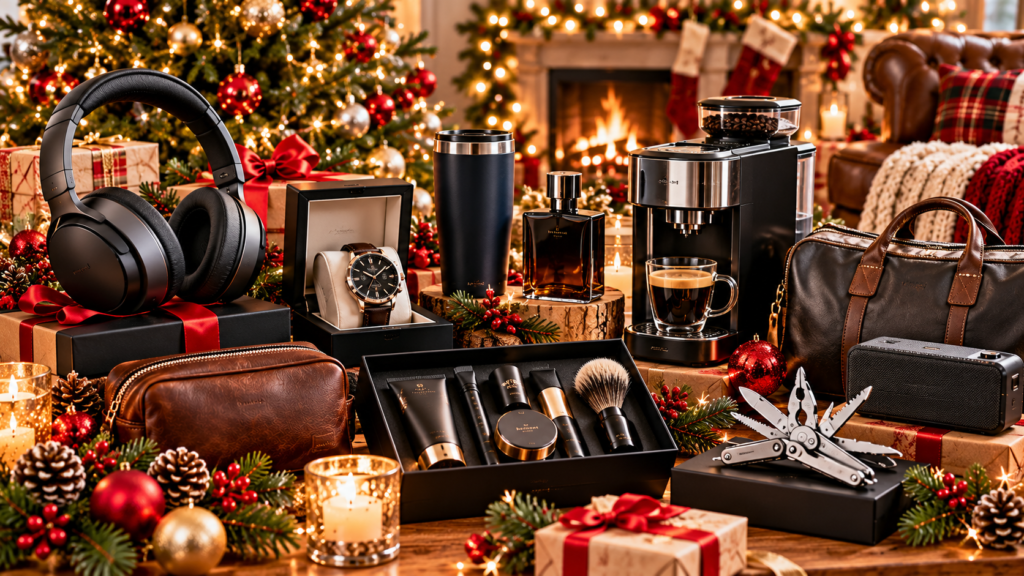 Luxury Christmas gifts for him, including wireless headphones, a classic wristwatch, premium cologne, a stainless steel travel tumbler, an espresso machine, a leather travel bag, a men's grooming set, and a portable speaker, arranged with festive ornaments and wrapped presents in a cozy Christmas living room.