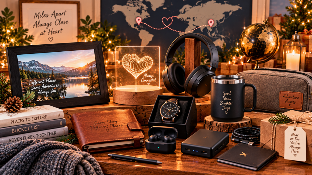 Thoughtful long-distance gifts for him arranged on a wooden table, including a digital photo frame, glowing heart lamp, wireless headphones, smartwatch, earbuds, insulated mug, leather journal, travel pouch, portable charger, globe, and sentimental keepsakes with a world map backdrop.