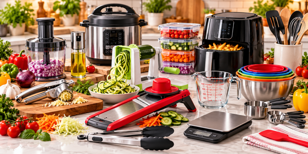 Must-have kitchen gadgets arranged on a bright modern kitchen countertop, including a garlic press, food processor, oil sprayer, pressure cooker, vegetable spiralizer, food storage containers, air fryer, mandoline slicer, measuring cups, mixing bowls, kitchen tongs, and digital food scale, with fresh vegetables and herbs.