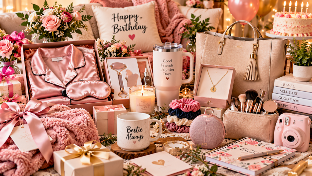 Best friend birthday gift ideas featuring a pink satin sleep set, personalized necklace, self-care products, cozy blanket, stylish handbag, friendship mug, beauty accessories, journal, and wrapped birthday presents.