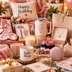 Best friend birthday gift ideas featuring a pink satin sleep set, personalized necklace, self-care products, cozy blanket, stylish handbag, friendship mug, beauty accessories, journal, and wrapped birthday presents.