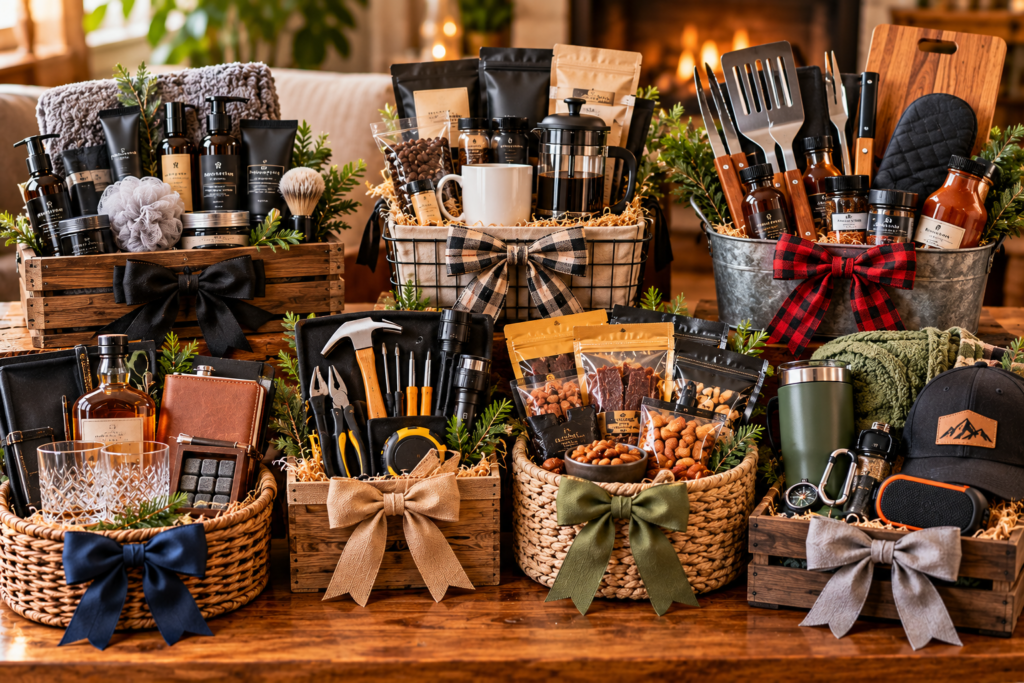 A collection of thoughtful gift basket ideas for men arranged on a wooden table, featuring men's skincare products, coffee and snacks, grilling tools, gourmet treats, a travel tumbler, a leather wallet, whiskey glasses, outdoor accessories, and practical tools in rustic baskets decorated with ribbons.