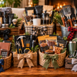 A collection of thoughtful gift basket ideas for men arranged on a wooden table, featuring men's skincare products, coffee and snacks, grilling tools, gourmet treats, a travel tumbler, a leather wallet, whiskey glasses, outdoor accessories, and practical tools in rustic baskets decorated with ribbons.