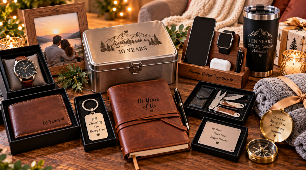 Meaningful 10-year anniversary gifts for him arranged on a rustic wooden table, including a personalized metal keepsake box, engraved leather wallet, wristwatch, memory journal, wooden tech organizer, insulated tumbler, multitool set, compass, framed couple’s photo, and cozy blanket with warm candlelight and romantic greenery.