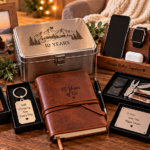 9 Meaningful 10-Year Anniversary Gifts for Him Meaningful 10-year anniversary gifts for him arranged on a rustic wooden table, including a personalized metal keepsake box, engraved leather wallet, wristwatch, memory journal, wooden tech organizer, insulated tumbler, multitool set, compass, framed couple’s photo, and cozy blanket with warm candlelight and romantic greenery.