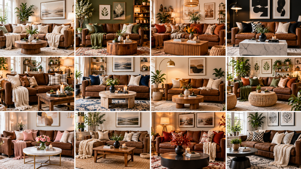 Brown couch living room ideas featuring cozy sofas styled with cream pillows, earthy green accents, warm wood furniture, textured throws, area rugs, plants, and modern wall art.