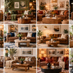 Brown couch living room ideas featuring cozy sofas styled with cream pillows, earthy green accents, warm wood furniture, textured throws, area rugs, plants, and modern wall art.
