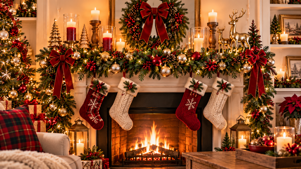 Elegant Christmas mantel decor featuring lush evergreen garlands, red velvet bows, gold ornaments, glowing candles, festive stockings, a holiday wreath, golden reindeer, and a cozy fireplace surrounded by traditional Christmas decorations.