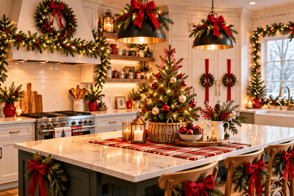 Festive Christmas kitchen decorated with a small Christmas tree on the island, evergreen garlands, red bows, warm lights, wreaths, candles, ornaments, and cozy holiday accents.